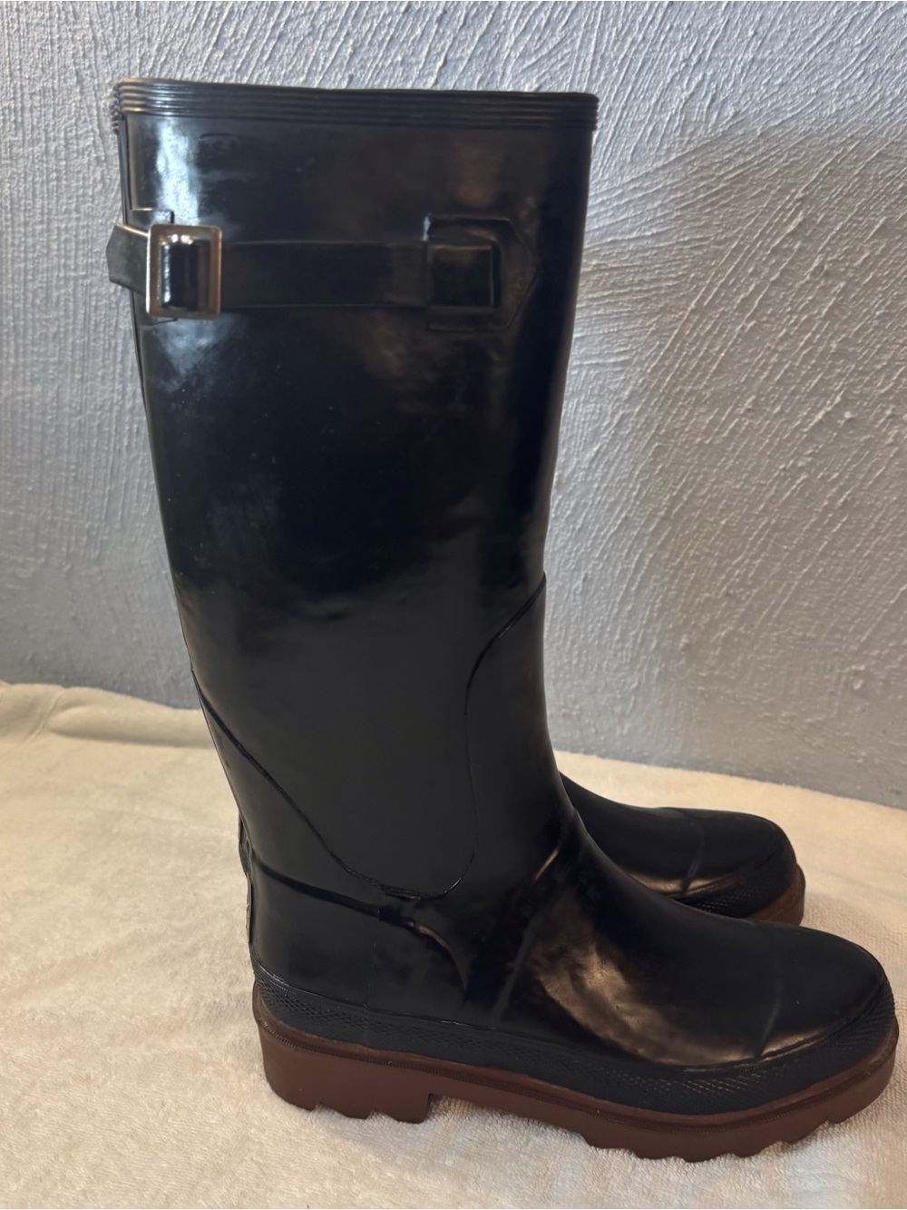 Women's Black 14” Tall Waterproof Rain Boots with Brown Lug Sole SZ 5/5.5